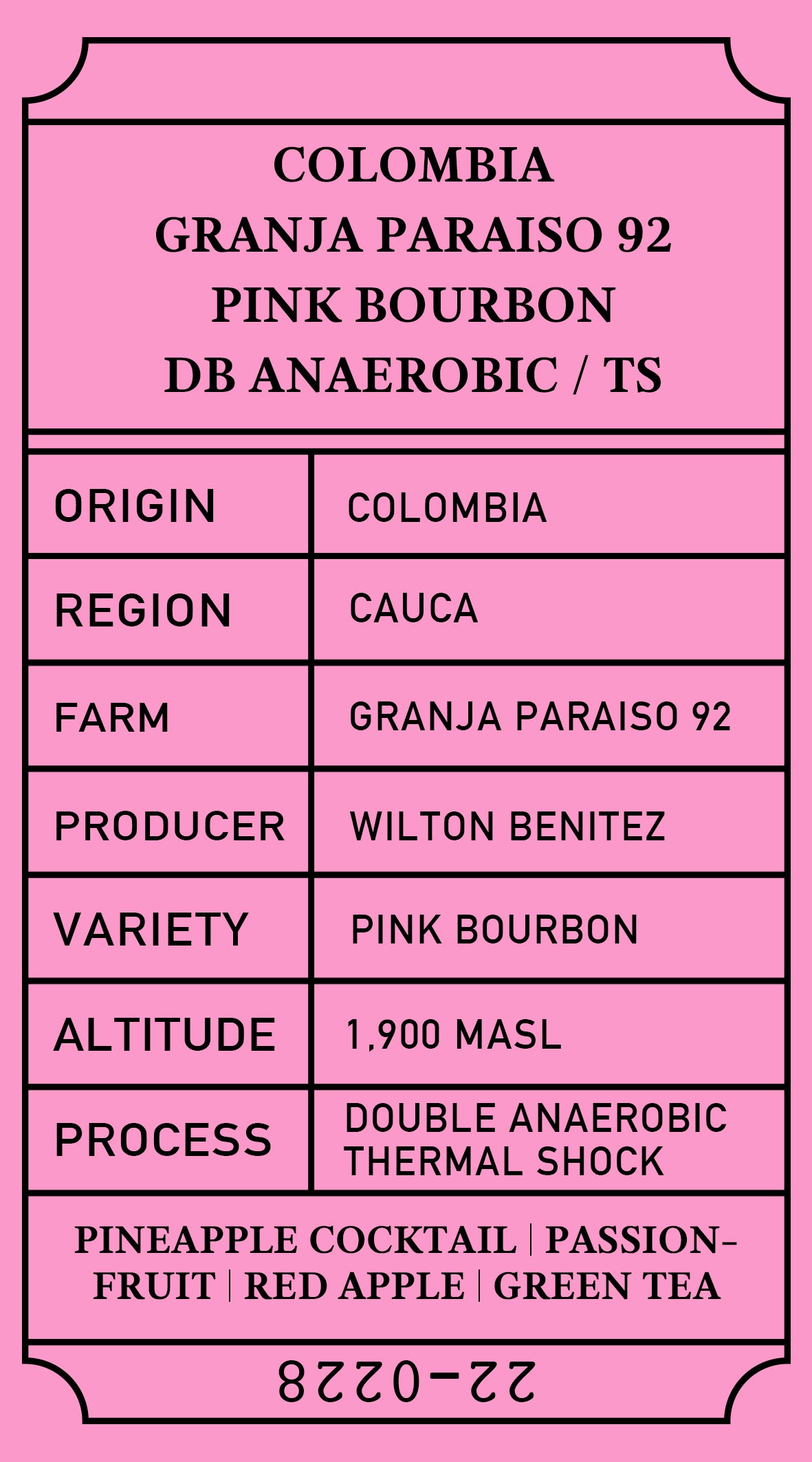 Colombia Granja Paraiso 92 Pink Bourbon DA/TS