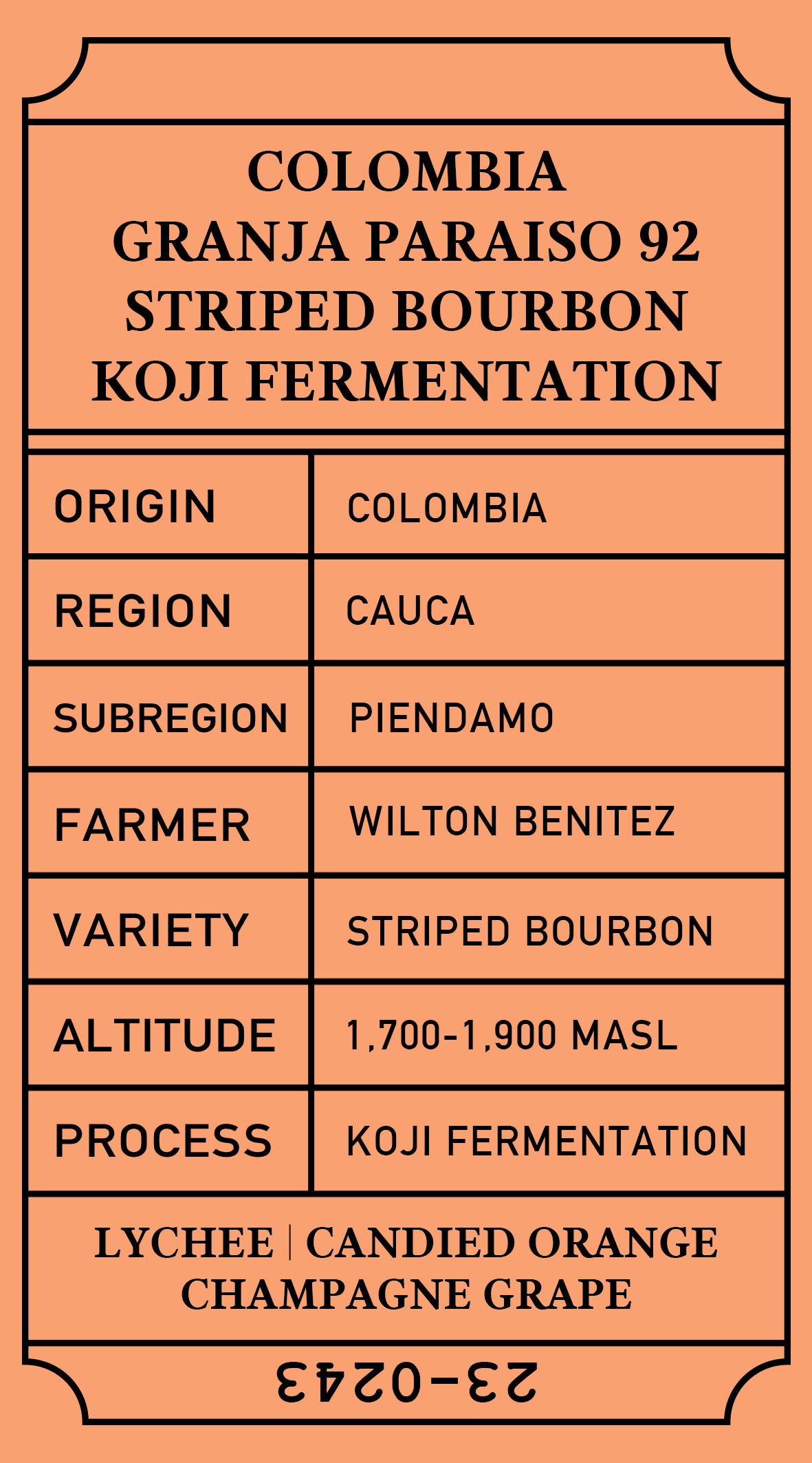 Colombia Granja Paraiso 92 P-19 Striped Bourbon Koji Fermentation