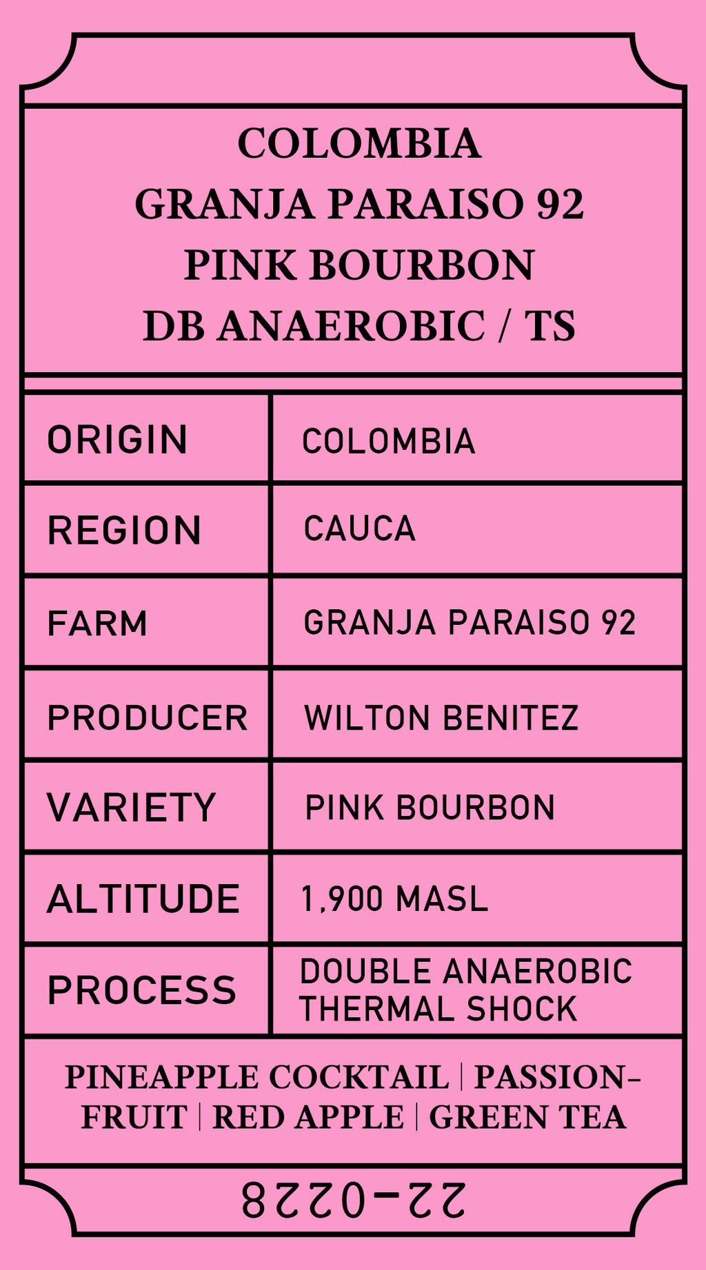 Colombia Granja Paraiso 92 Pink Bourbon DA/TS