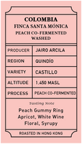 Coffee label with details about Colombia coffee from Finca Santa Monica
