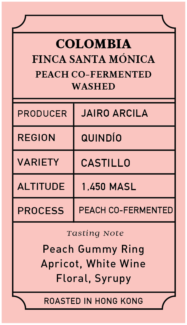 Coffee label with details about Colombia coffee from Finca Santa Monica