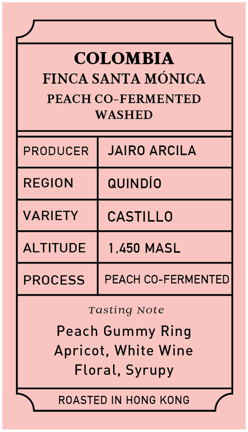 Coffee label with details about Colombia coffee from Finca Santa Monica