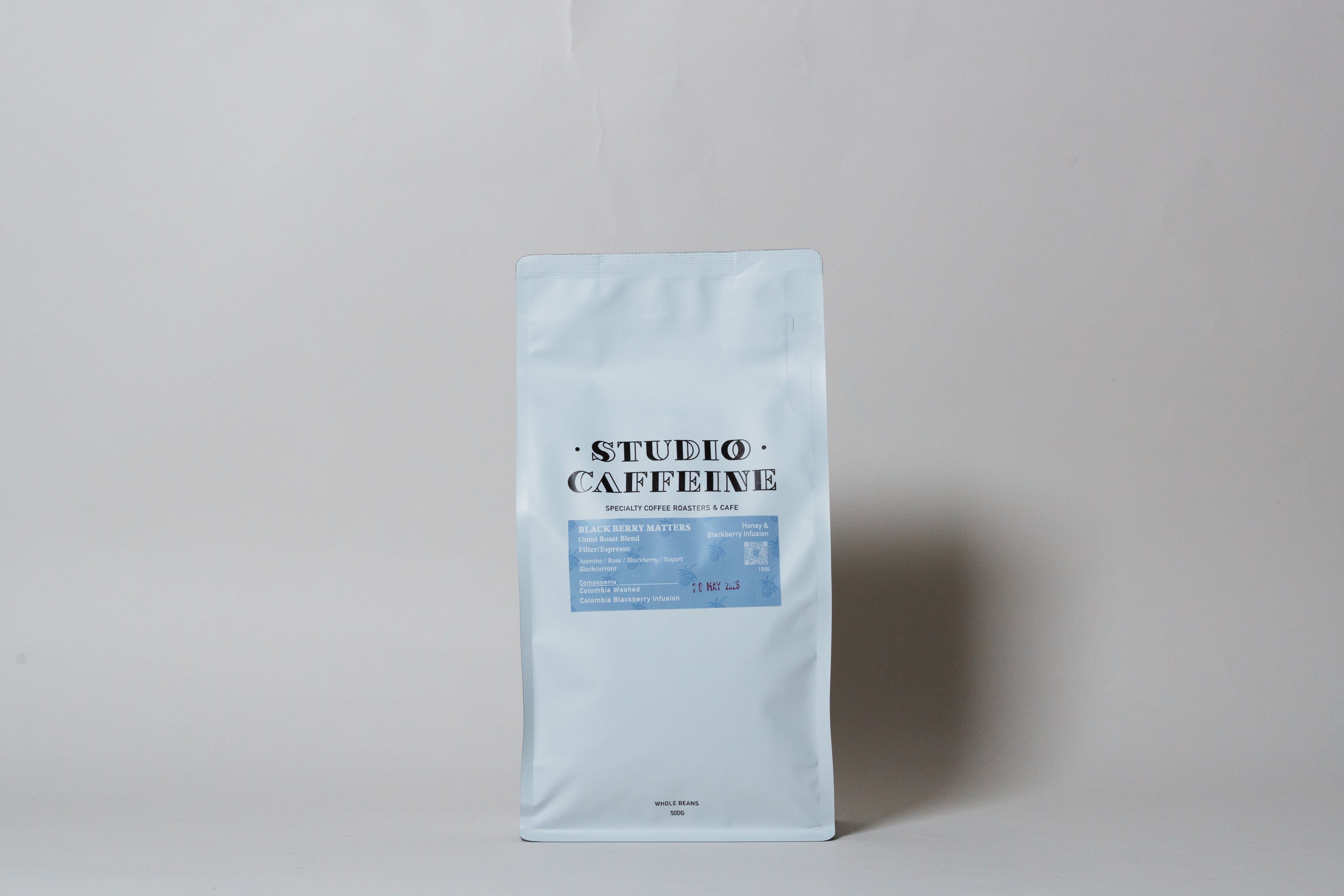 500g bag of Studio Caffeine co fermented blend Black Berry Matters whole beans for filter coffee and espresso