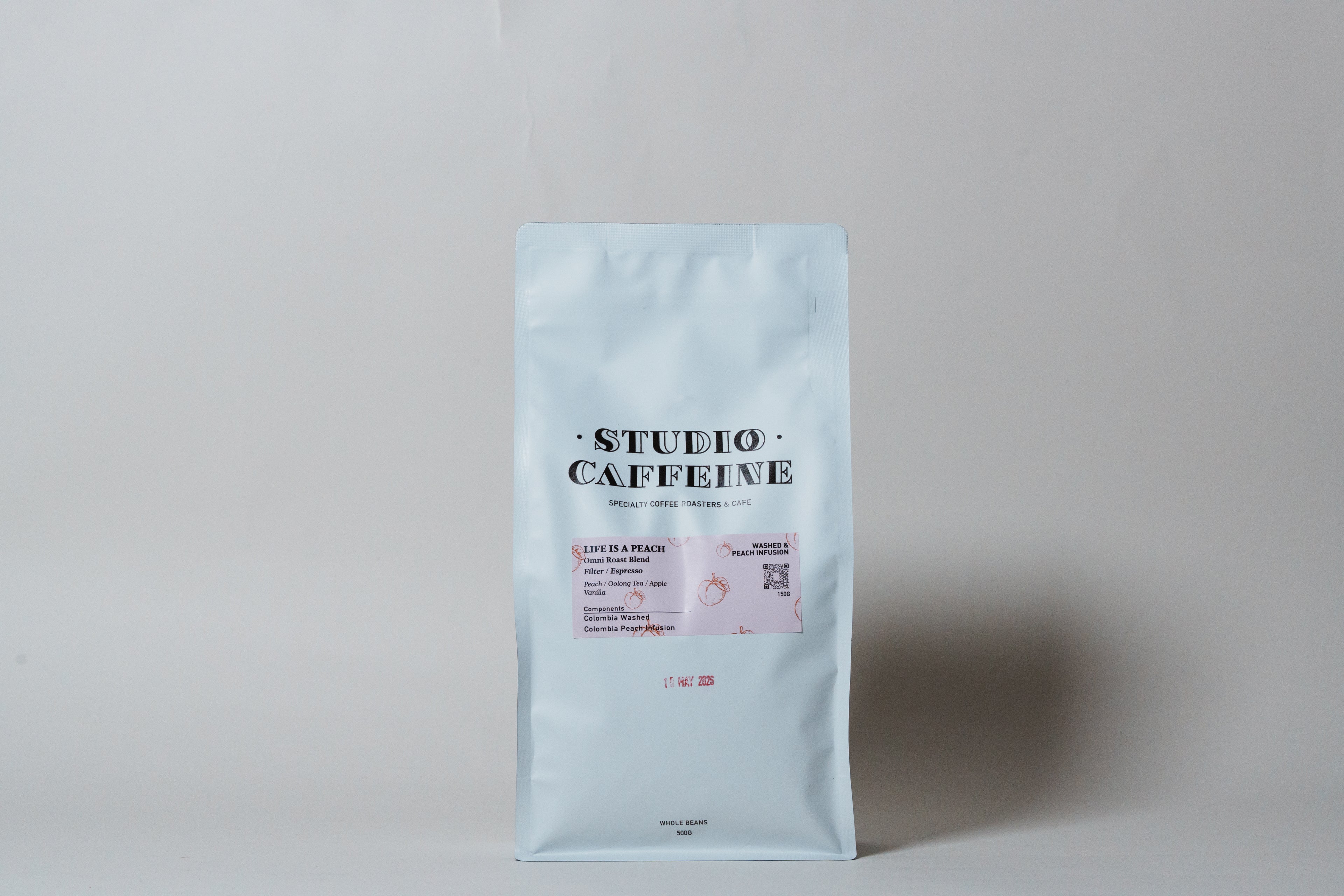 500g bag of Studio Caffeine co fermented blend Life is a Peach whole beans for filter coffee and espresso