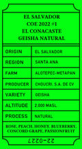 coffee bean El Salvador 2022 COE#1 El Conacaste Geisha Natural