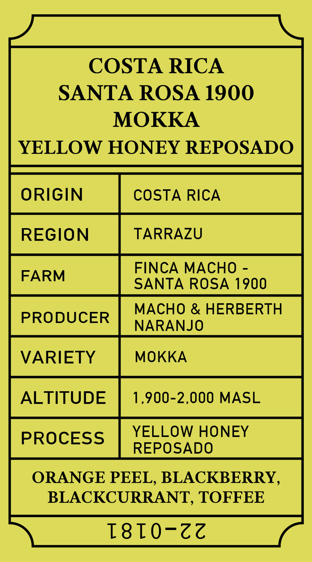 Costa Rica Tarrazu Santa Rosa 1900 Mokka Yellow Honey Reposado