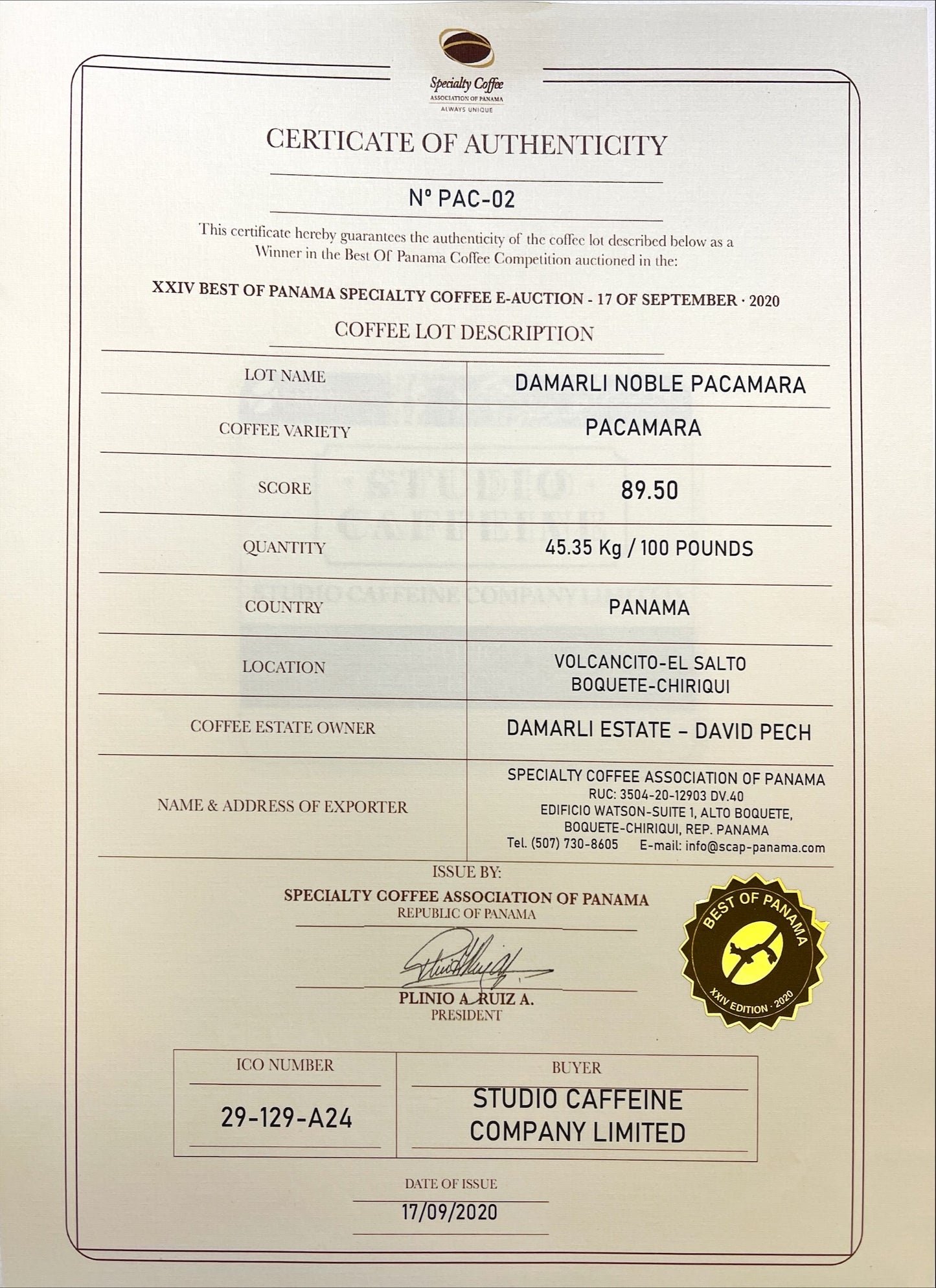 ปานามา Damarli Estate Noble Pacamara การหมักแบบหมัก