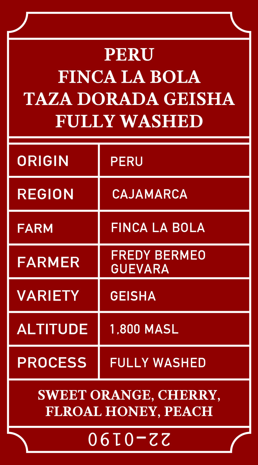 Peru Geisha Finca La Bola Taza Dorada Fully Washed